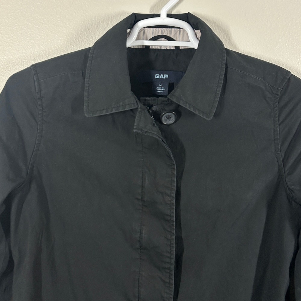 Gap Black Cotton Trench Coat Womens Medium Zip Button Front Collared Jacket